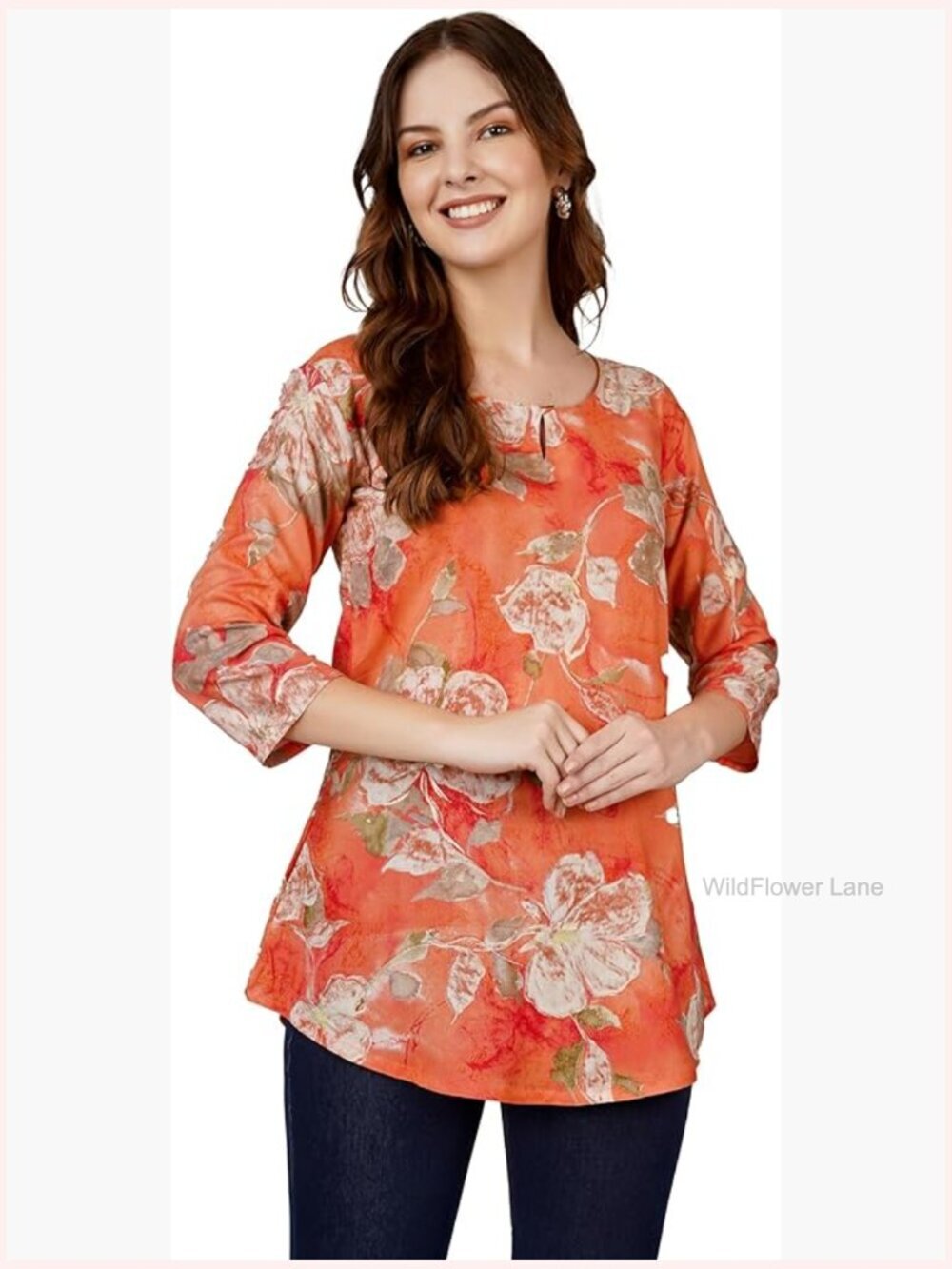 Women's Rayon Tunic Top Foil Print Round Neck Button Curved Hem 3/4 Sleeve